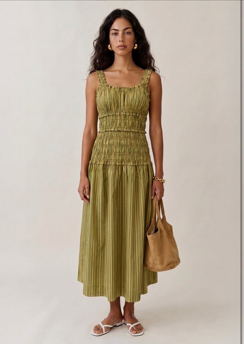 Few Moda Freya Cotton Dress Citrus Stripe Smocked Midi Dress Size M